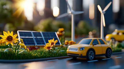 Poster - vibrant scene showcasing yellow toy car on road surrounded by solar panels, wind turbines, and blooming flowers, symbolizing sustainable energy and eco friendly transportation