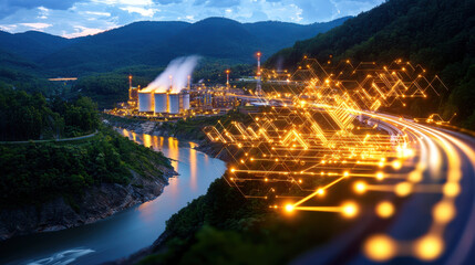 Aufkleber - hydroelectric plant surrounded by mountains, emitting steam and generating energy, with river flowing nearby. scene is illuminated with glowing geometric patterns, symbolizing energy flow