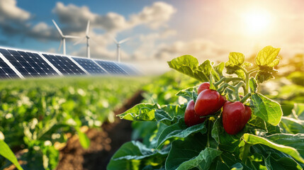 Poster - Modern sustainable agriculture with solar panels and wind turbines