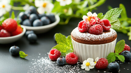 Aufkleber - Delicious chocolate dessert topped with fresh raspberries, blueberries, and mint leaves, surrounded by flowers and fruits, creating vibrant and inviting presentation