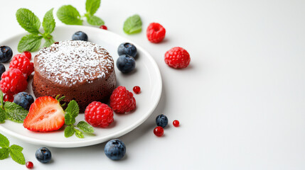 Aufkleber - Delicious chocolate cake topped with powdered sugar, surrounded by fresh berries and mint leaves, creating vibrant and inviting dessert display