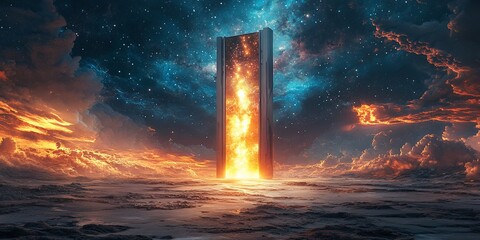 Poster - Fiery portal, alien landscape, sunset, fantasy. Sci-fi art