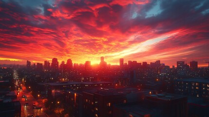 Wall Mural - Fiery sunset over city skyline, twilight glow