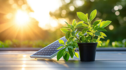 Poster - vibrant potted plant beside solar panel, basking in warm sunlight, symbolizes sustainability and eco friendliness. scene captures essence of green living and renewable energy