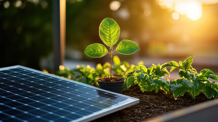 Poster - vibrant rooftop garden featuring young plant beside solar panel, symbolizing sustainability and eco friendliness. warm sunlight enhances scene beauty and tranquility