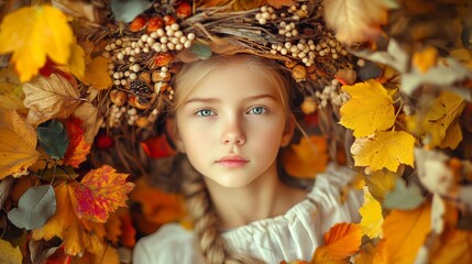 A young girl with braided hair is surrounded by vibrant autumn leaves and berries, exuding a serene, natural beauty in a rustic setting.