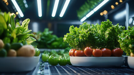 Aufkleber - Fresh vegetables displayed in modern market, featuring vibrant greens and ripe tomatoes, creating healthy and inviting atmosphere