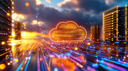 Fototapete - vibrant representation of cloud computing with glowing data streams and cloud icon, symbolizing digital connectivity and technology advancement