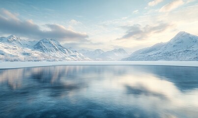 Wall Mural - Frozen lake, snow-capped mountains, sunrise. Winter landscape, serenity, nature