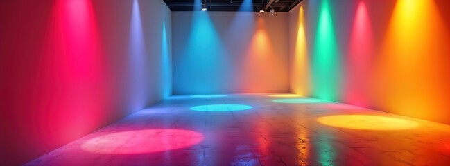 Aufkleber - Colorful spotlighting in showroom. Bright neon lighting creates dramatic shadows. Vibrant colors fill display space. Modern design illustration. Colors striking. Scene suitable for fashion display,