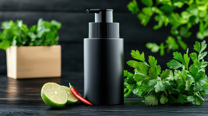 Poster - sleek black bottle with pump sits on dark surface, surrounded by fresh herbs, lime, and chili pepper, creating vibrant and inviting culinary scene