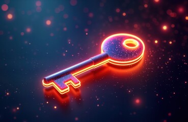 Fototapete - Neon key glows brightly in dark background. Futuristic tech symbol shows access, security. Glowing key represents innovation, bright future. Dark night scene with illuminated vibrant key. Secret safe