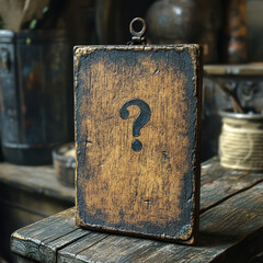Poster - rustic wooden board with question mark, set in vintage workshop. warm tones and textured surface evoke curiosity and mystery