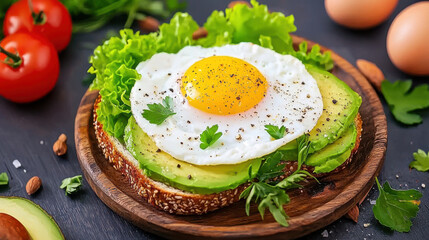 Poster - Gourmet avocado toast topped with poached egg, fresh greens, and spices, served on wooden plate. Perfect for healthy breakfast or brunch