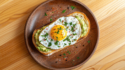 Poster - Gourmet avocado toast topped with perfectly poached egg, garnished with herbs and spices, served on wooden plate. delicious and healthy breakfast option