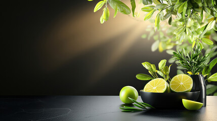 Aufkleber - Fresh limes and green apples arranged in bowl with vibrant leaves, creating refreshing and natural ambiance. soft light enhances colors beautifully