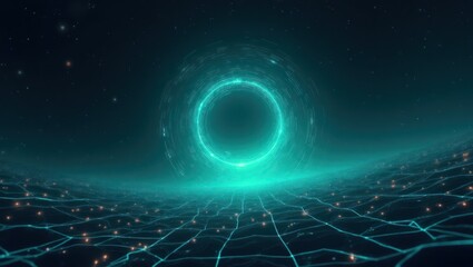 Wall Mural - A futuristic circular neon portal in teal, glowing against a dark cyber grid with soft mist effects