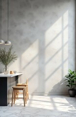 Poster - Empty modern kitchen studio interior. Light wooden bar stools, countertop in stylish kitchen setting. Natural light casts shadows on grey wall, white marble floor. Ideal for product presentation