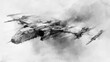 © Angelina - A military vessel landed on an alien landscape. The artwork, in a dark science fiction style, has a black and white backdrop.
