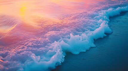 Wall Mural - Gentle turquoise waves kiss the shore under a dreamy, pastel-hued sky, capturing a tranquil ocean moment at sunset.