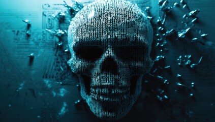 3D skull made of binary code, cyberpunk background, light blue colors.