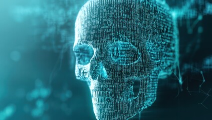 3D skull made of binary code, cyberpunk background, light blue colors.