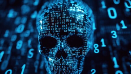 3D skull made of binary code, cyberpunk background, light blue colors.