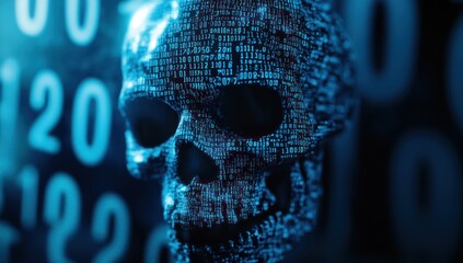 3D skull made of binary code, cyberpunk background, light blue colors.