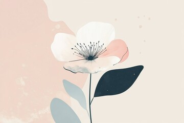 Poster - Beautiful floral illustration featuring a delicate white flower with soft colors and simple leaves. Generative AI