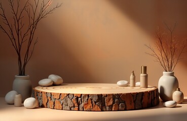 Aufkleber - Wooden stump podium decorated with stones, branches. Natural display for cosmetic products. Empty display background ideal for beauty fashion product photography. Minimalist aesthetic. Front view.