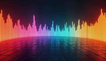 Fototapete - Neon light bars illustrate sound waves. Colorful spectrum shows audio frequencies. Digital illustration of audio equalizer in dark space. Vibrant light design. Modern tech art. Music concept.