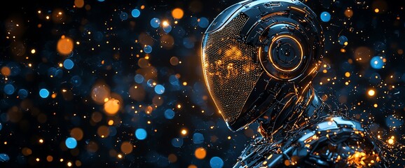Poster - Futuristic robot portrait with glowing particles.