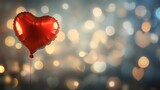 A single red heart-shaped balloon shines clearly against a blurred ensemble of smaller red hearts, symbolizing love and romance, ideal for Valentine's Day.
