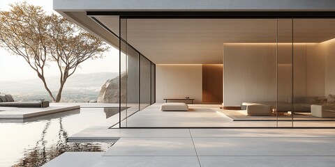 Wall Mural - Modern minimalist house, hillside view, infinity pool