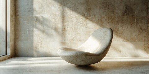 Wall Mural - Modern stone chair, sunlit room, minimalist interior, calm ambiance, home decor