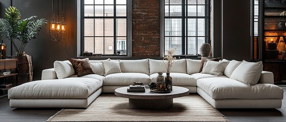 Wall Mural - Modern sectional sofa in loft apartment, natural light