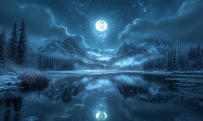 Poster - Moonlit winter lake, snowy mountains, starry sky, calm reflection, nature scene