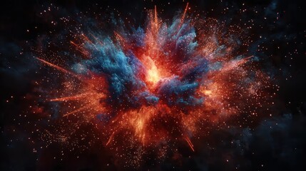 fiery cosmic explosion abstract red and blue nebula with sparks and fire