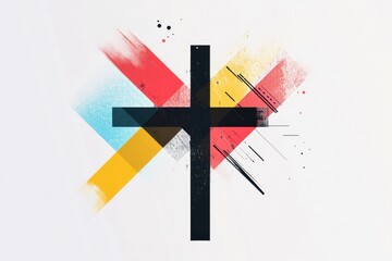 Poster - Colorful abstract cross design with geometric shapes and splashes in a modern artistic style. Generative AI