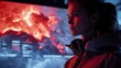© Aura Visuals - Icelandic Woman Observing Volcanic Eruption on Screen