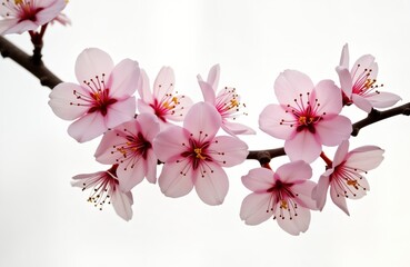 Close-up view of delicate pink sakura flowers on branch. Beautiful blossoms bloom in spring. Soft pink petals. Isolated on white background. Nature backdrop for spring season. Floral design for