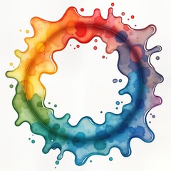 Poster - Colorful watercolor paint splashes create circular abstract design. Rainbow hues mix, drip in dynamic pattern. Fluid shapes, spots form unique design element for backgrounds templates. Illustration
