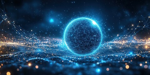 Aufkleber - Global Data Technology Connections with AI and Business Analytics in a Futuristic Cyberpunk Space Environment
