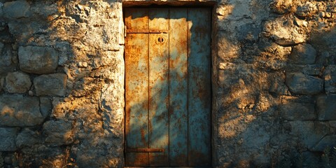 Sticker - Rustic door in stone wall, sunlight, outdoors