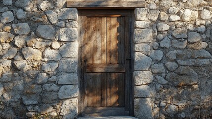 Sticker - Rustic wooden door in stone wall, sunlit