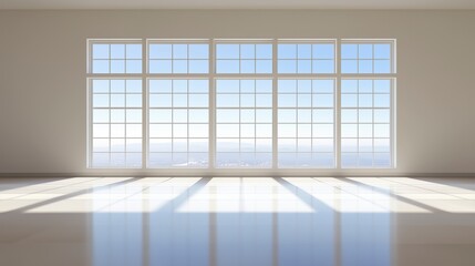 Poster - A large room with a large window overlooking the ocean. The room is empty and the window is open, letting in a lot of natural light. Scene is calm and peaceful, as the view of the ocean. AI generated.