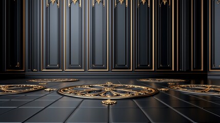 Poster - a black room with gold trim and a large circular design on the floor. the room is empty and has a ve