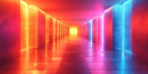 Poster - Futuristic Neon Hallway with Reflective Floor in Cyberpunk Style 3D Render