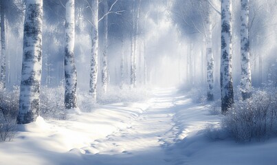 Poster - Snowy birch forest path, winter sunlight, peaceful scene, nature background, ideal for winter cards