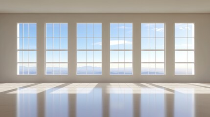Poster - A large room with a view of the mountains. The windows are large and clear, letting in plenty of natural light. The room is empty, with no furniture or decorations. AI generated.